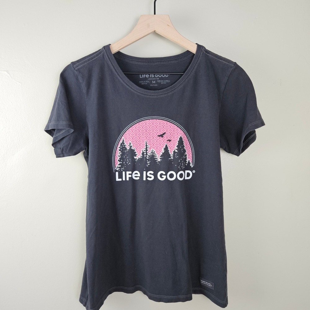 Life Is Good Women's Black Short Sleeve Tee with Pink Graphic